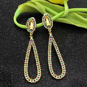 CLIP ON Purple & Green Rhinestone Long Gold Mardi Gras Earrings
